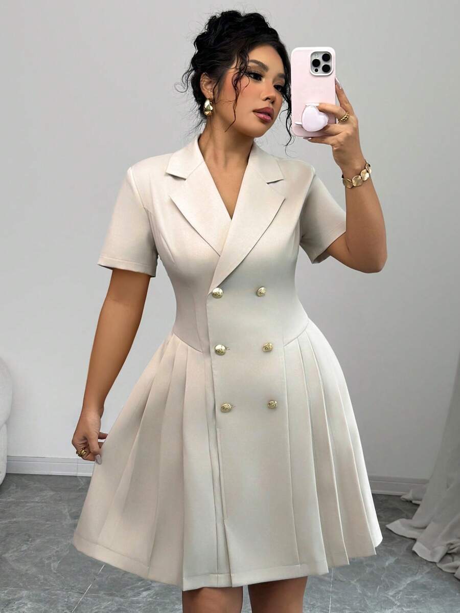 Elenzga Plus Size Women's Spring & Summer French Commuting Elegant Tea Party Vacation Collared V-Neck Double-Breasted Fitted Waist A-Line Mini Dress With Short Sleeves