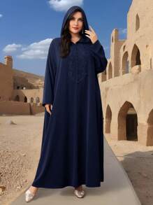 Al Najma 大码女式长袖连帽刺绣朴素长款阿拉伯风格连衣裙 - 藏蓝色 - 查看 2