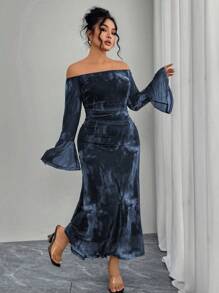 Modelyn Women Plus Size Off-The-Shoulder Flared Long Sleeve Ruched Tie-Dye Print Ruffle Bodycon Mermaid Elegant Fashion Dress Fall Cloth For Women