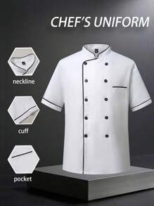 Manfinity Homme 1 件男女通用白色厨师夹克，双排扣，短袖，舒适，透气，非常适合厨房、烘焙、餐厅、酒店工作，男士撞色边饰双排扣厨师衬衫男士工作衬衫厨师夹克短衬衫男士工作衬衫
