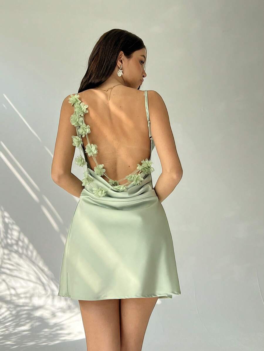 Aloruh Women's Elegant Backless Floral Decor Draped Neck Mini Dress,Rave Outfits Festival,Summer Dresses For Women