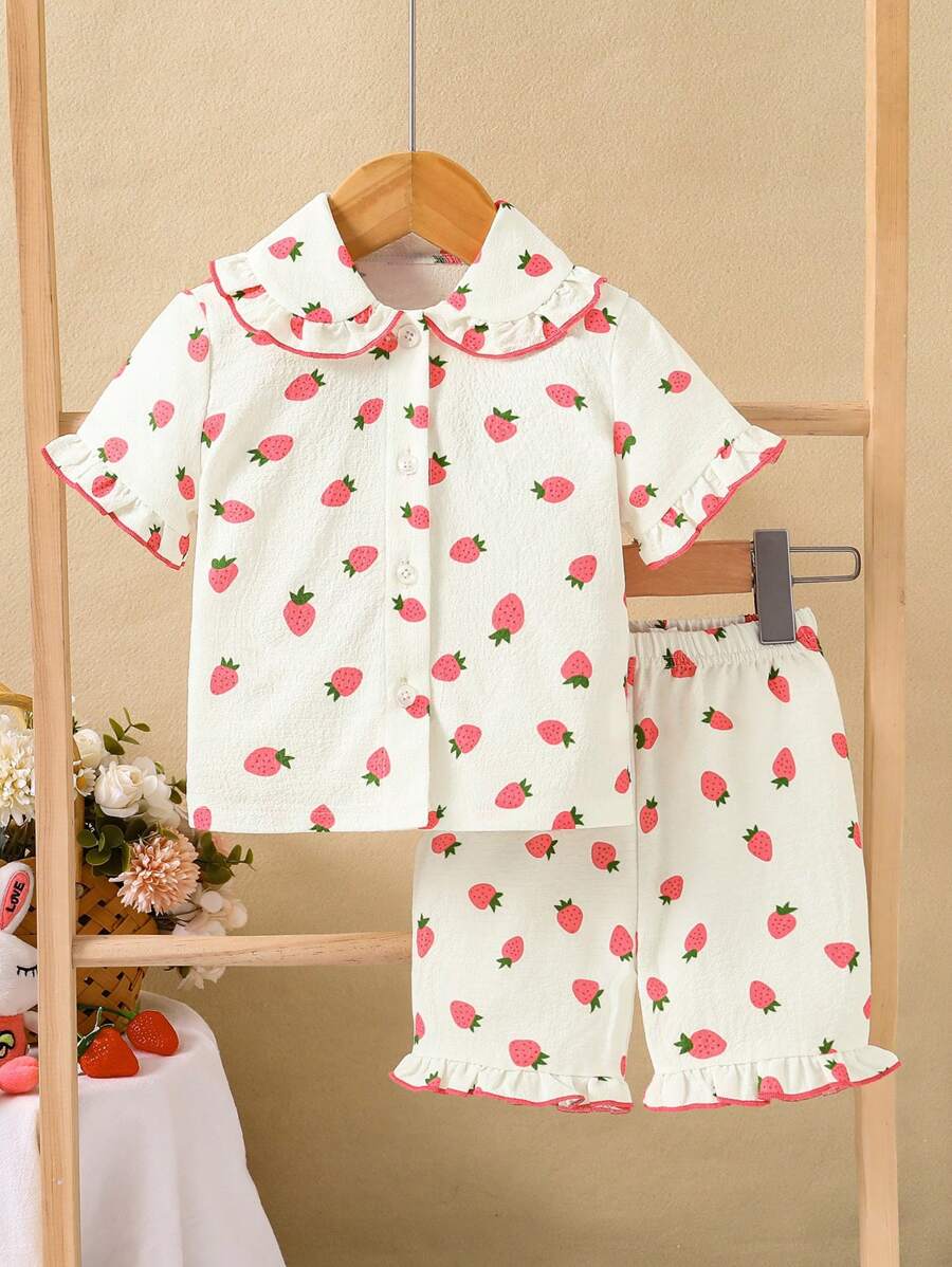 2pcs Baby Girls' Casual Cute Woven Digital Print Strawberry Pattern Shirt With Collar Ruffle And Matching Strawberry Print Shorts Comfy Pajama Set - White - View 1