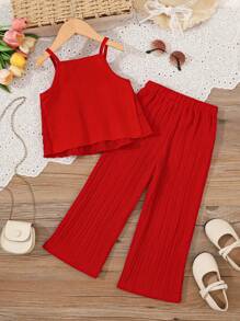 SHEIN 2pcs/Set Young Girl' Fashionable & Comfy Ruffle Strap Top And Pants Set, Suitable For Summer Vacation - Red - View 2