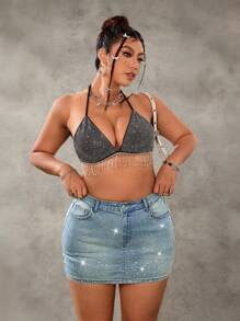 SHEIN ICON Plus Size Women Pockets Decor Rhinestone Washed Denim Blue A-Line Skirt - Blue - View 4
