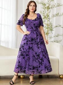 Modelyn Plus Size Elegant Mesh Jacquard Flared Hem Short Sleeve Dress, Spring/Summer - Purple - View 3