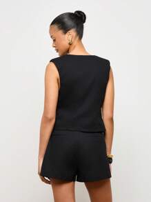 AiiRZ 亚麻混纺无袖马甲短裤套装专业夏季办公室装定制褶皱两件套西装商务休闲精致工作服 - 黑色 - 查看 2