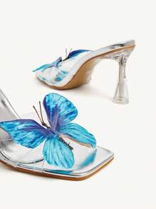 CUCCOO CHICEST Women's Silver Square Toe Transparent PVC Colorful Butterfly Decor Clear High Heel Slide Sandals - Silver - View 12