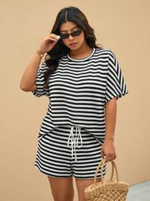 Elaquor Set da 2 pezzi composto da blusa a pipistrello a righe e pantaloncini, abbigliamento casual da resort, taglie forti