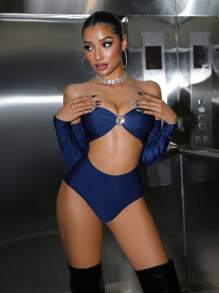 Swim EVENT 女士性感连体泳衣，金属装饰露肩设计，夏季 - 藏蓝色 - 查看 5