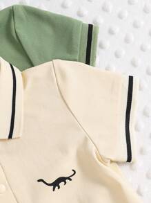 SHEIN Playful Pals 2 件装男婴休闲 Polo 领恐龙印花短袖上衣和短裤套装，连体衣，适合派对、日常穿着、运动、夏季 - 彩色 - 查看 6