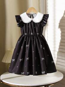 Girl's Bow Print Peter Pan Collar Cap Sleeve A-Line Dress