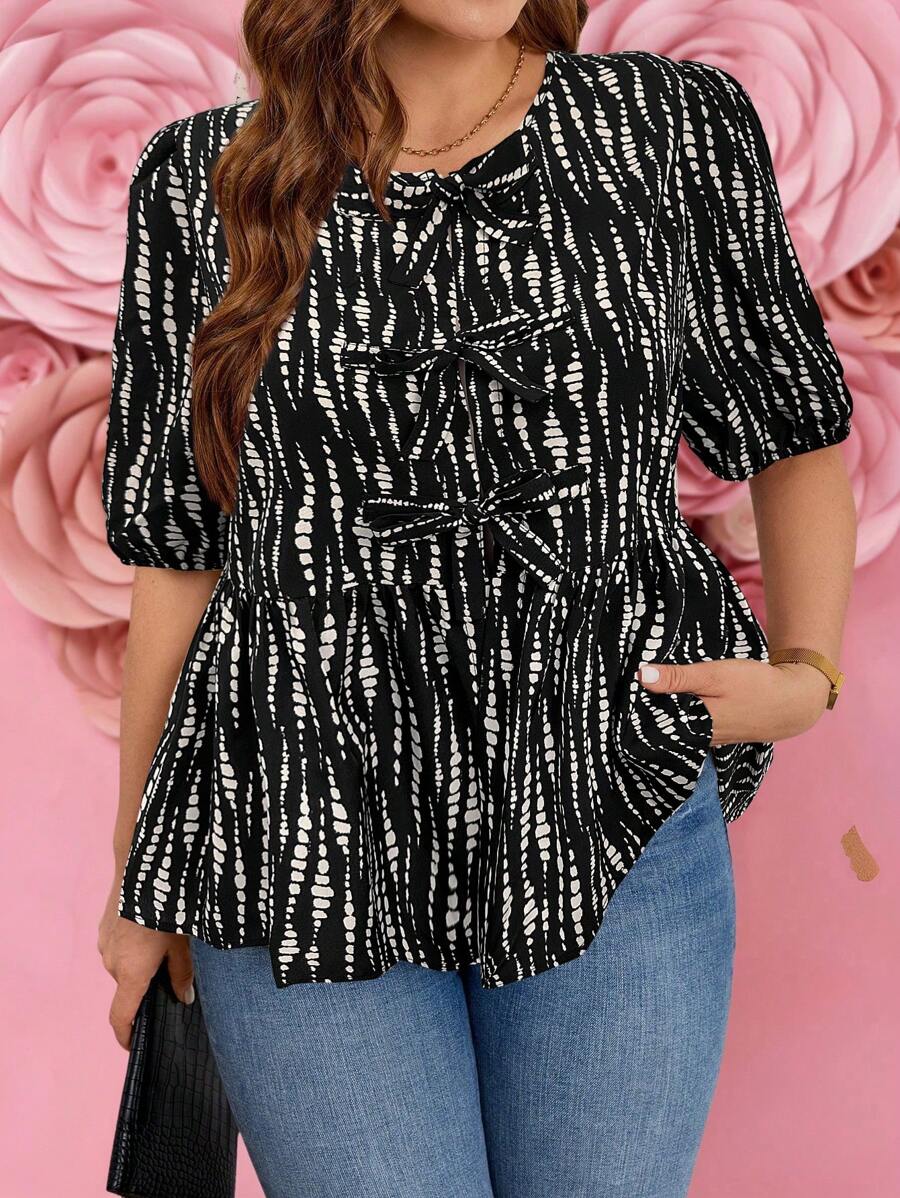 SHEIN LUNE 大码休闲短袖全身印花抽绳衬衫节日感恩节新年假期度假 - 黑色 - 查看 1