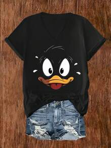 SHEIN LUNE Funny Duck Print T-Shirt, Women's Plus Graphic Tee Short Sleeve Round Neck Casual Top Slight Stretch Comfy Sports T-Shirt For Summer Outdoor Fitness Activities Clothes Graphic Tees Women Tops