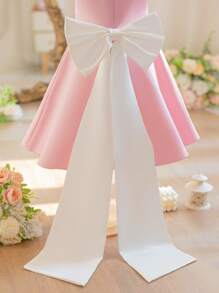 SHEIN Young Girl Classic Woven Faux Pearl Embroidered Bow Decor Dress - Pink - View 5