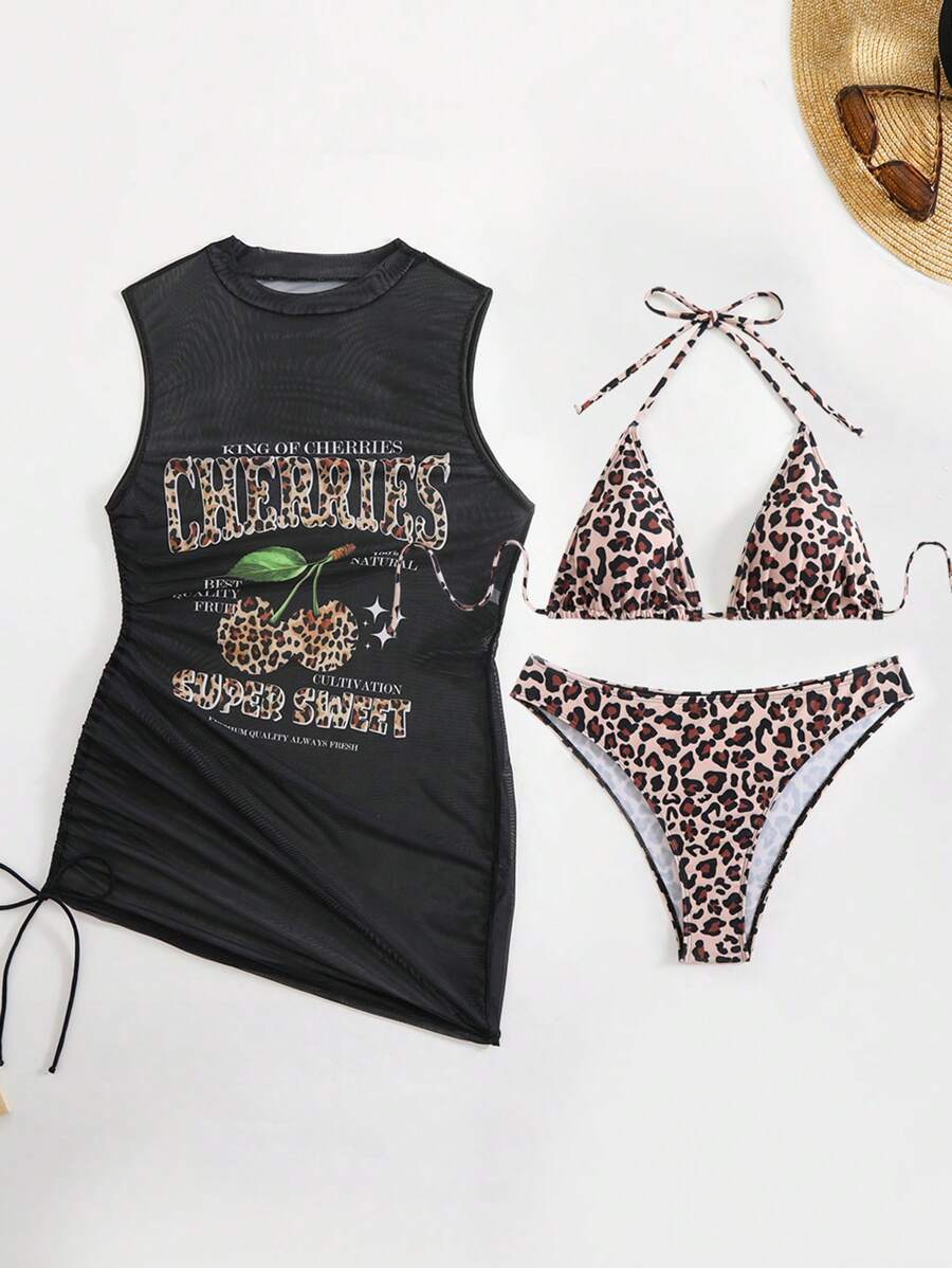 Swim Vcay Leopard Print Bikini With Chiffon Cover-Up Set, Vacation & Beach - Black - View 1