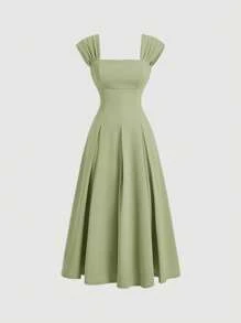 SHEIN MOD 绿色贝壳袖褶皱伞形长裙、礼服、秋季女装、巡游女装、90 年代服装、衣服、伴娘服、晚宴服装返校节礼服、仙女核心、老钱、文艺复兴 - 綠色 - 查看 1