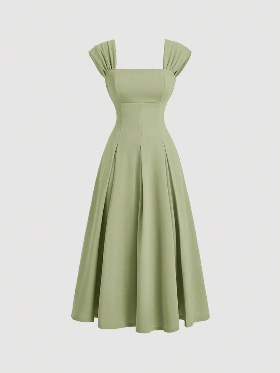 SHEIN MOD 绿色贝壳袖褶皱伞形长裙、礼服、秋季女装、巡游女装、90 年代服装、衣服、伴娘服、晚宴服装返校节礼服、仙女核心、老钱、文艺复兴 - 綠色 - 查看 1