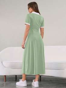 Seusyu 女式撞色荷叶边领短袖休闲连衣裙