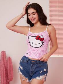 HELLO KITTY AND FRIENDS | SHEIN Y2K 风格可爱休闲粉色复古猫咪印花细肩带吊带背心，夏季 - 粉色 - 查看 3