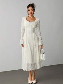 SHEIN PETITE 法式优雅纯色蕾丝长袖连衣裙 - 米色 - 查看 6