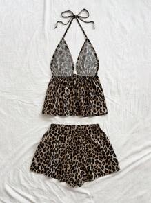 Soleia 2pcs Women Vacation Chic Classic Leopard Print V-Neck Strappy Back Camisole And Loose Super Shorts Set, For Date, Party, City Street, Holiday