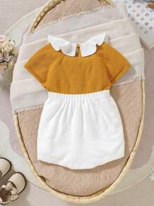 SHEIN New Born Baby Contrast Color Ruffle Raglan Short Sleeve Knitted Romper - Mustard Yellow - View 2