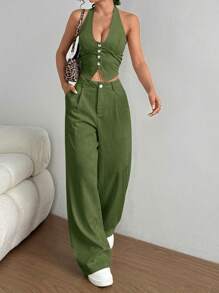 SHEIN PETITE 2 件套：领带背心和直腿休闲裤 - 墨綠色 - 查看 3