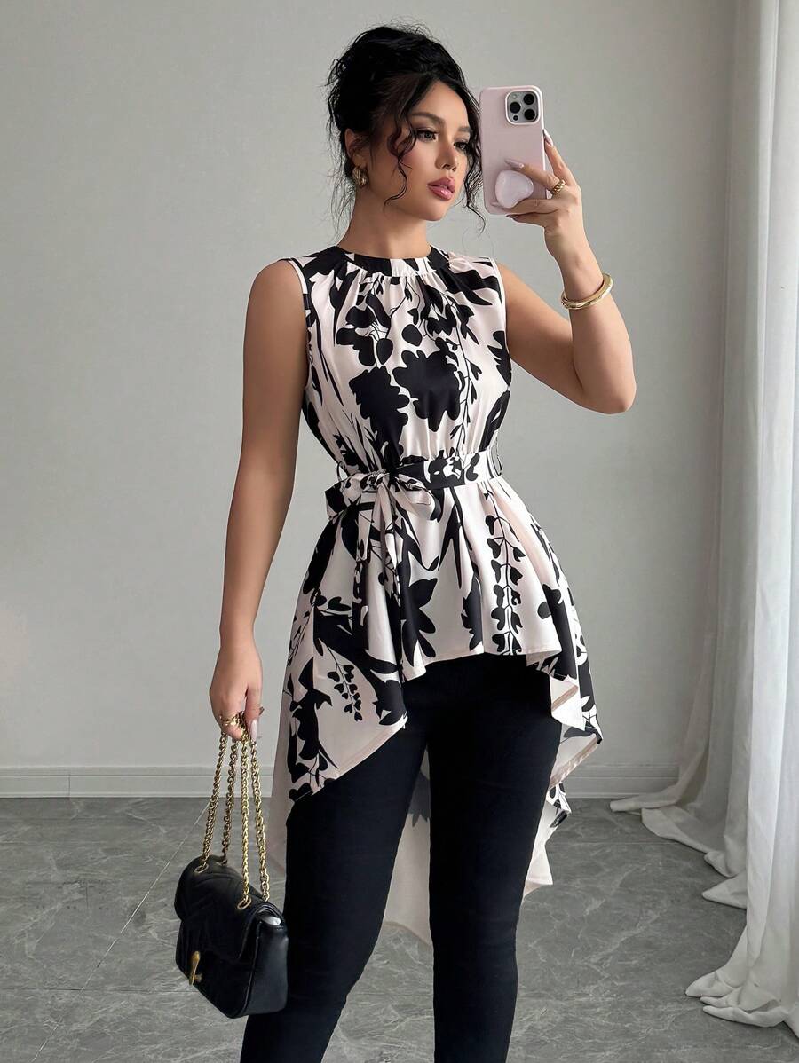 Selianne Women's Floral Retro Print Tie-Waist Asymmetric Hem Short Sleeve Shirt, - Multicolor - View 1