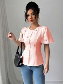 Elenzga Camisa de mujer con cuello redondo, ajustada, de manga corta y de un solo color, con detalles de cristales rhinestone - Rosa - Ver 5