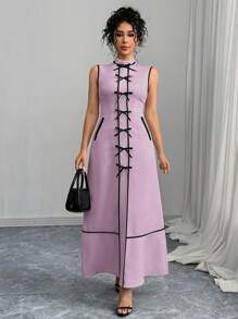 SHEIN Unity Round Neck Sleeveless Bow Decor Dress For Women - Mauve Purple - View 6