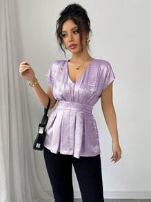 Selianne Blusa elegante de estilo francés con cuello en V, hombros fruncidos y plisados, y mangas abullonadas, con detalles dorados, para uso en la oficina - Púrpura malva - Ver 6