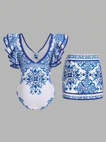 Swim Oasis SS2025 Kobiety Wiosna/Lato Kostium Kąpielowy Plażowy, Strój Plażowy, Niebieski I Biały Wzór Porcelany, Jednoczęściowy + Krótka Spódnica Cover Up - Niebieski i biały - Zobacz 2