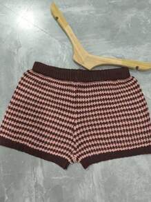 INAWLY 2pcs/Set Women Contrast Color Hollow Camisole Knit Top & Striped Knit Shorts - Multicolor - View 3