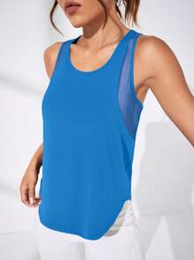 Powerista Letter Pattern Round Neck Mesh Patchwork Sports Tank Top - Blue - View 6