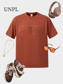 SHEIN Teen Boy Streetwear Fashion Round Neck Letter Embossed Print T-Shirt - Brown - View 1
