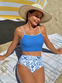 SHEIN Swim Conjunto de bikini con tiras de espagueti y estampado floral para mujer, verano - Multicolor - Ver 5