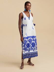 Travachic 女士花卉印花侧开衩前系带海滩度假和服 - 藍白色 - 查看 6