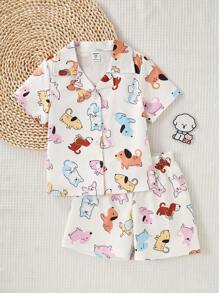 2pcs/Set Girls' Casual Fashionable Full Print Puppy Doodle Pattern Open Front Short Sleeve Top And Shorts Pajama Set