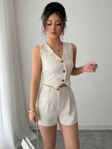 SHEIN PETITE Women's 2025 New Casual Vest And Shorts 2 Pieces Set - Apricot - View 6