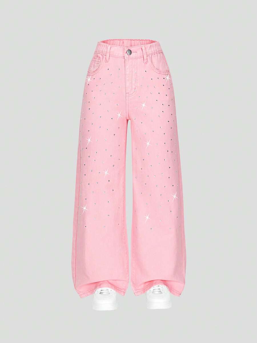 Tween Girl 灰色时尚简约水钻装饰宽松阔腿洗水牛仔裤 - 粉色 - 查看 1