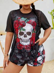 Slaydiva Plus Size 3pcs/Set Punk Skull & Rose Print Tankini Set With Cover-Up Top, Summer, Halloween - Multicolor - View 1