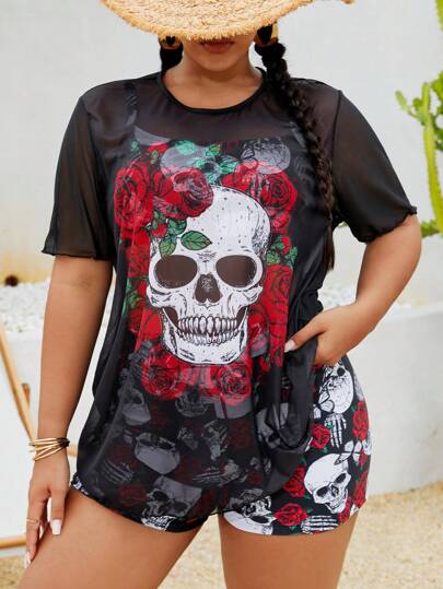 Slaydiva Plus Size 3pcs/Set Punk Skull & Rose Print Tankini Set With Cover-Up Top, Summer, Halloween