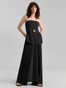 Ontre 2-częściowy zestaw damski lato 2025: jednolity kolor bezrękawnik i długie spodnie, modny strój na imprezę i wakacje, kolor czarny, minimalistyczny styl, neutralny i elegancki, luźny i wygodny, na okazje swobodne i towarzyskie