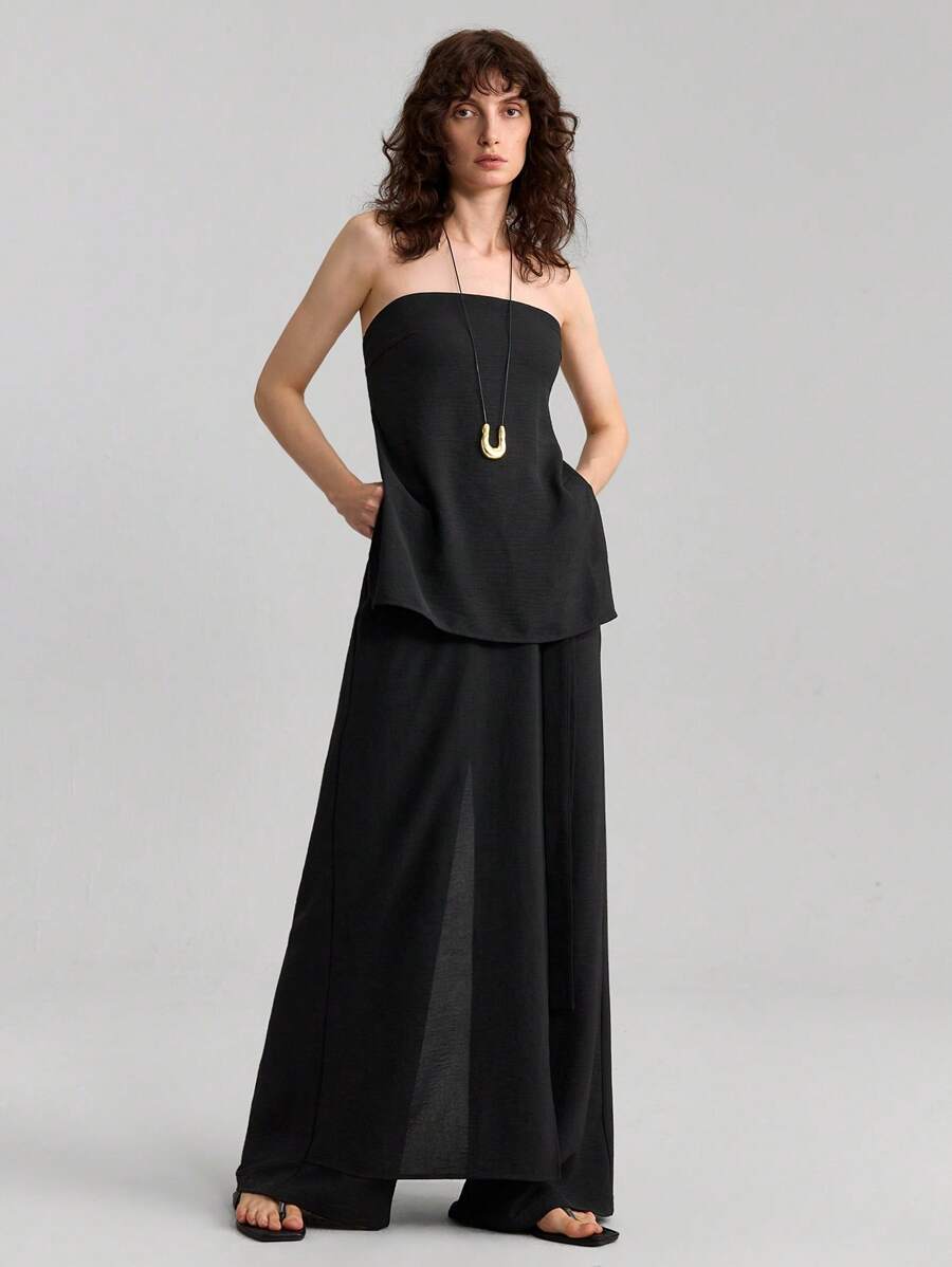 Ontre 2-częściowy zestaw damski lato 2025: jednolity kolor bezrękawnik i długie spodnie, modny strój na imprezę i wakacje, kolor czarny, minimalistyczny styl, neutralny i elegancki, luźny i wygodny, na okazje swobodne i towarzyskie