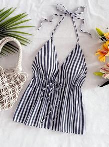 Soleia Vacation Beach Halter Neck Tied Contrast Stripe Tank Top