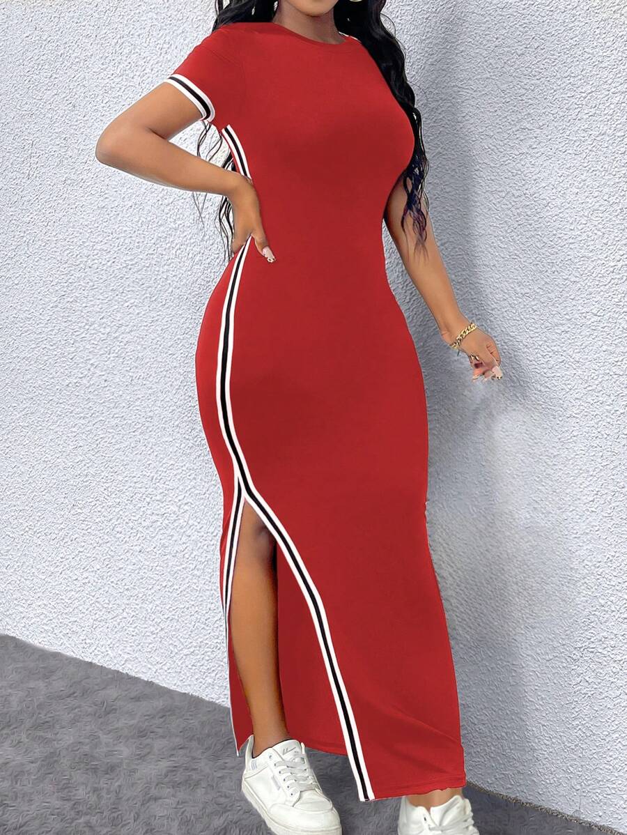 SHEIN LUNE 女士修身圆领撞色边饰开衩连衣裙，适合春夏季长款女装 - 紅色 - 查看 1
