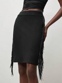 Lumivelle Women's Solid Color Contrast Lace Elegant Skirt - Black - View 5