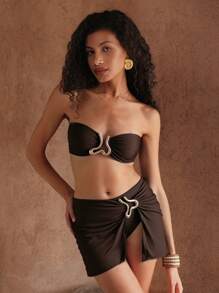 Swim Oasis Bộ 3 đồ bơi nữ màu vàng trơn thời trang lễ hội Boho đi biển: Áo bikini bandeau, quần bikini cạp cao và váy ngắn hở vai đi biển - Cà phê nâu - Xem 7