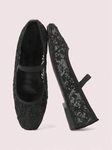 CUCCOO DOLLMOD Fashion Black Mesh Rhinestone Bow Decor Ballet Flats - Black - View 10