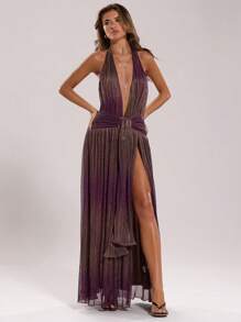 SHEIN BAE Váy Maxi hở vai hở vai hở lưng màu hồng nhạt không dây cổ chữ V sâu mặc nhiều lần, thích hợp cho buổi hẹn hò hàng ngày, đi chơi đêm, hộp đêm, tiệc tùng, tụ tập, tiệc cocktail, tiệc hồ bơi, váy trở lại trường, váy dạ hội, váy lễ hội, váy lễ hội âm nhạc, váy lễ hội nhạc đồng quê, váy hòa nhạc - Màu tím - Xem 3